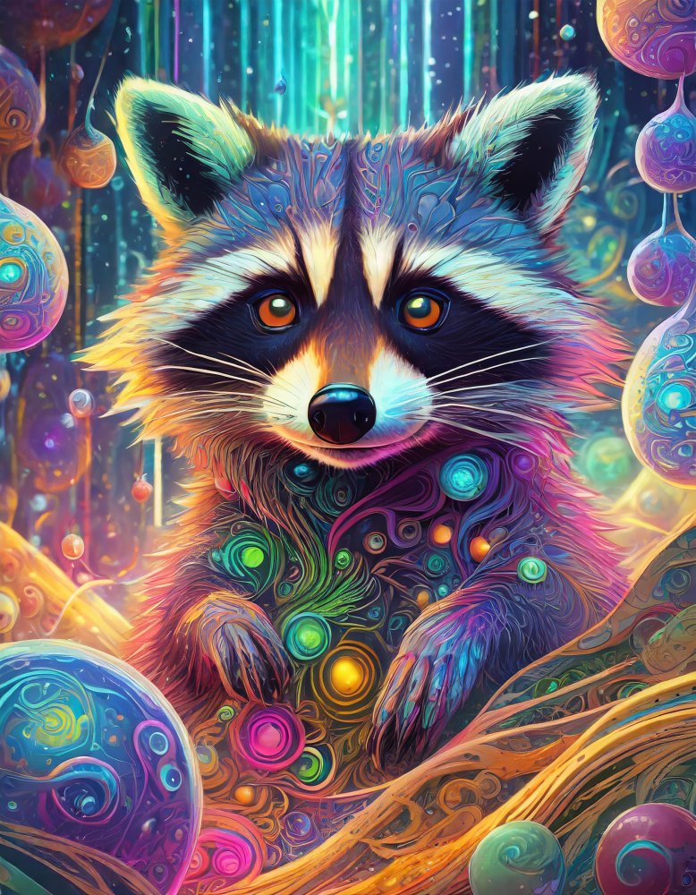 Firefly A psychedelic raccoon surrounded by neon colored bubbles with neon fractals and geomet...jpg