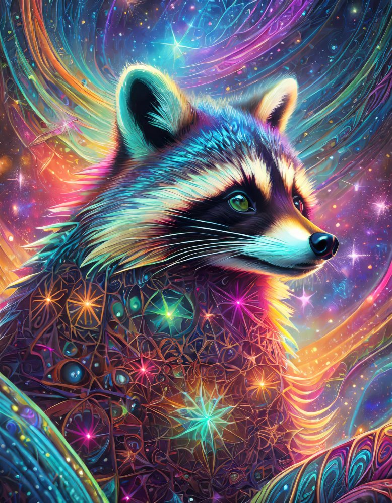 Firefly A psychedelic raccoon surrounded by neon colored star shapes with neon fractals and ge...jpg