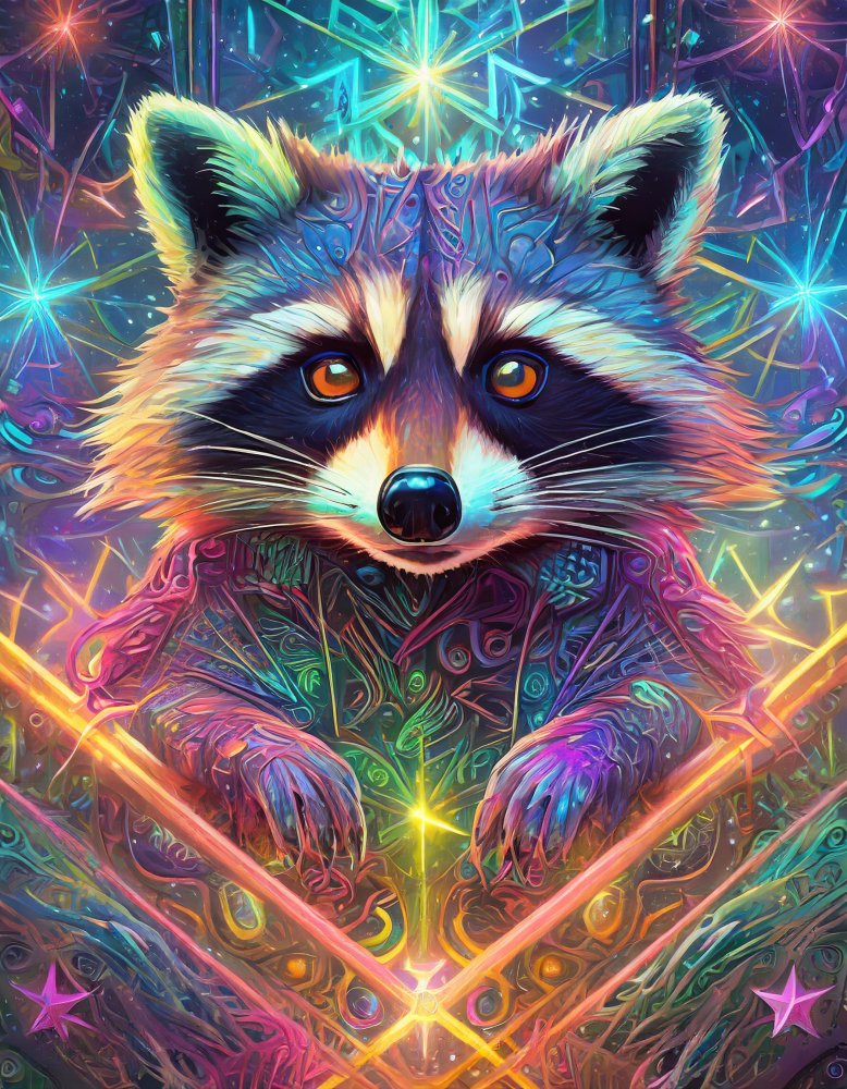 Firefly A psychedelic raccoon surrounded by neon colored star shapes with neon fractals and ge...jpg